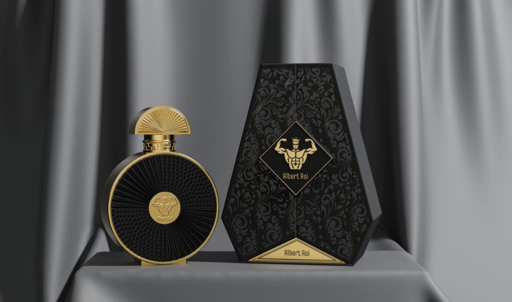 Albert Roi masculine perfume — black and gold luxury fragrance bottle with crowned torso emblem